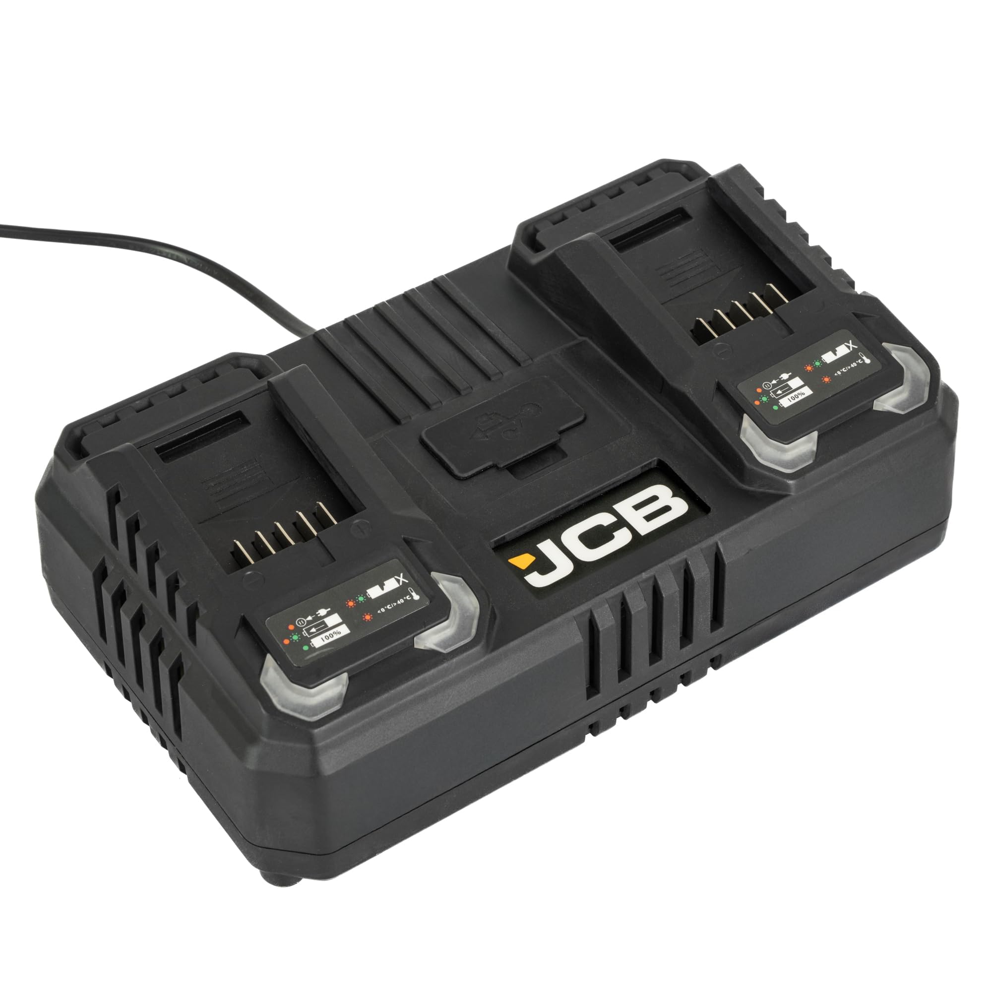 JCB Caricabatterie rapido Pro 18V Dual Port 2×4.5A con porte USB e USB-C aggiuntive - Compatibile con JCB Cordless & Professional Tools - Garanzia di 2 anni