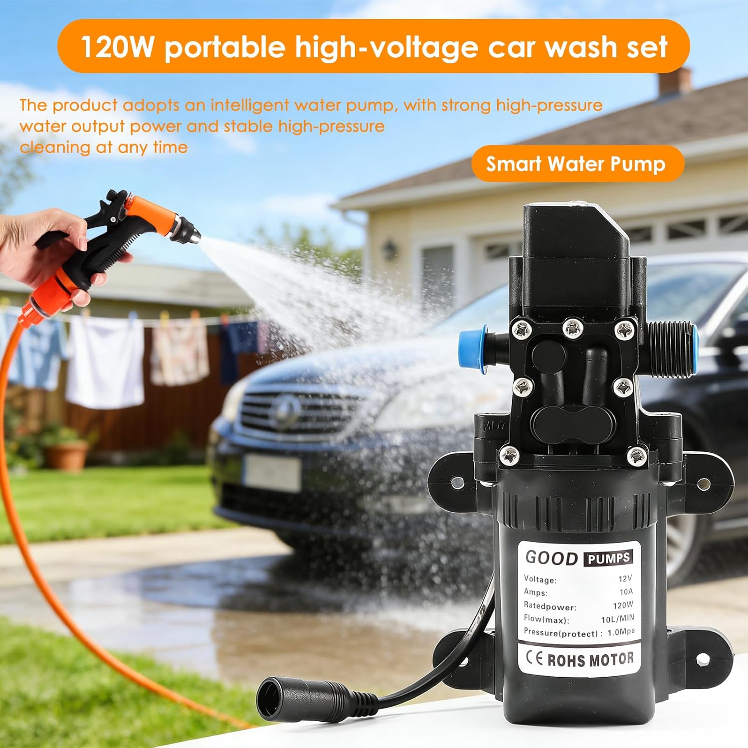 Portable 120W High-Pressure Car Wash Kit: High-Pressure Cleaner Water Pump 12V 80W, 6m Rubber Hose, 1m Transparent Hose, 3m Long Cigarette Lighter Cable