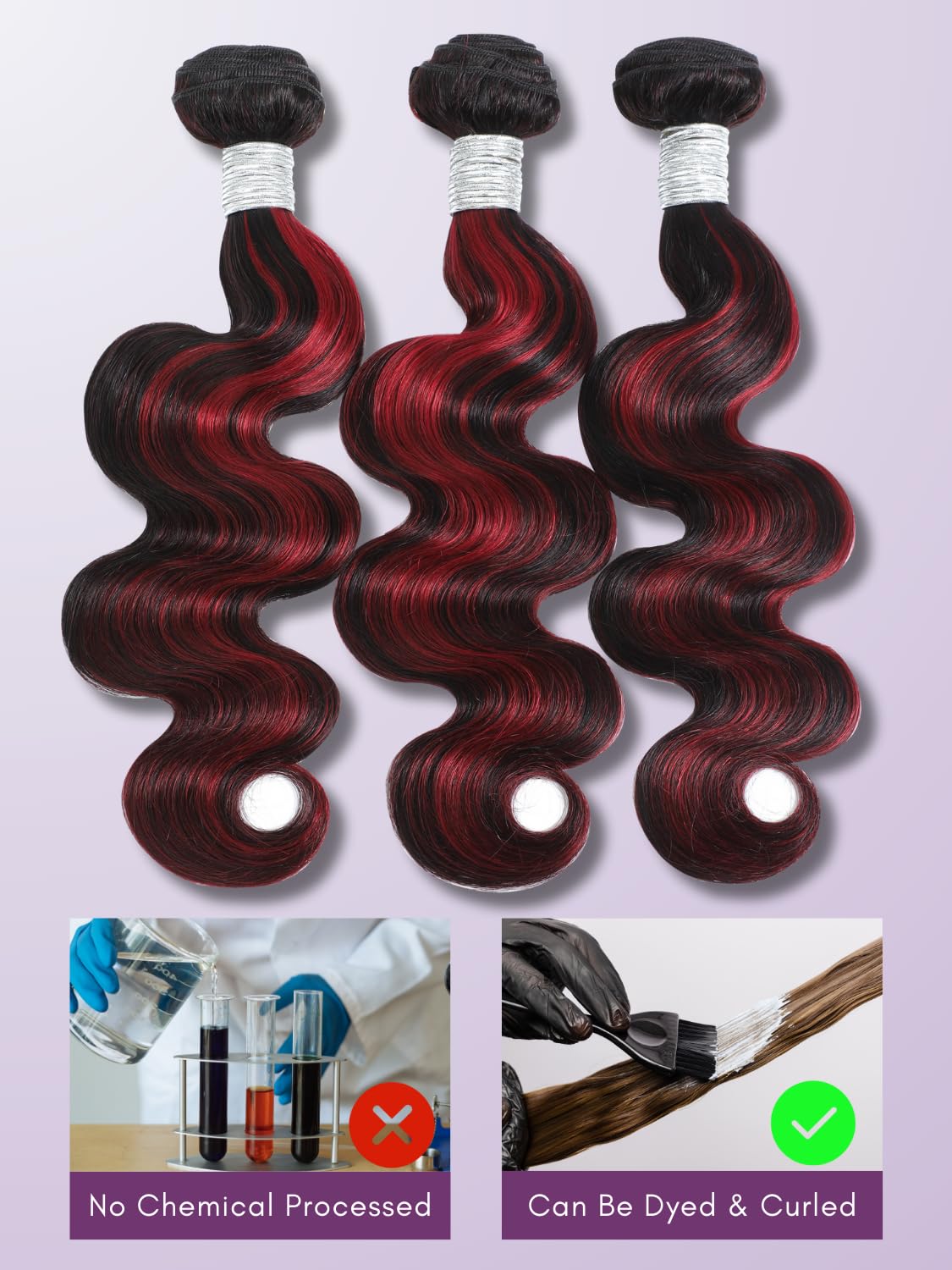 Burgundy Highlight Body Wave Single Bundles Human Hair, 12A 100% Virgin Ombre Red 99J Burgundy and Black Colored Human Hair Bundles Thick Track F1B/Burgundy Brazilian Quick Weaves Remy 14 inch