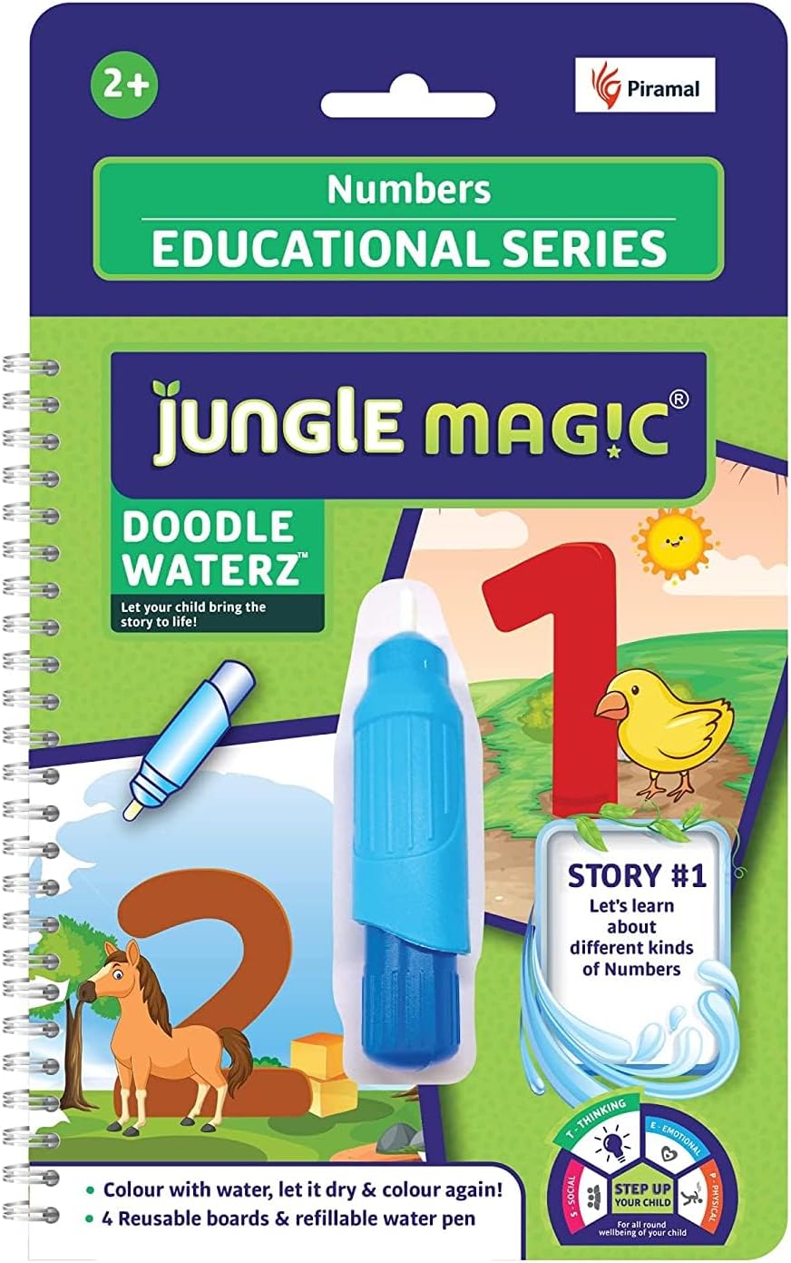 Doodle Waterz - Reusable I Water Colouring Book - Numbers I Self-Drying with Easy to Hold Water Pen I Educational Toy for Kids, Multicolor