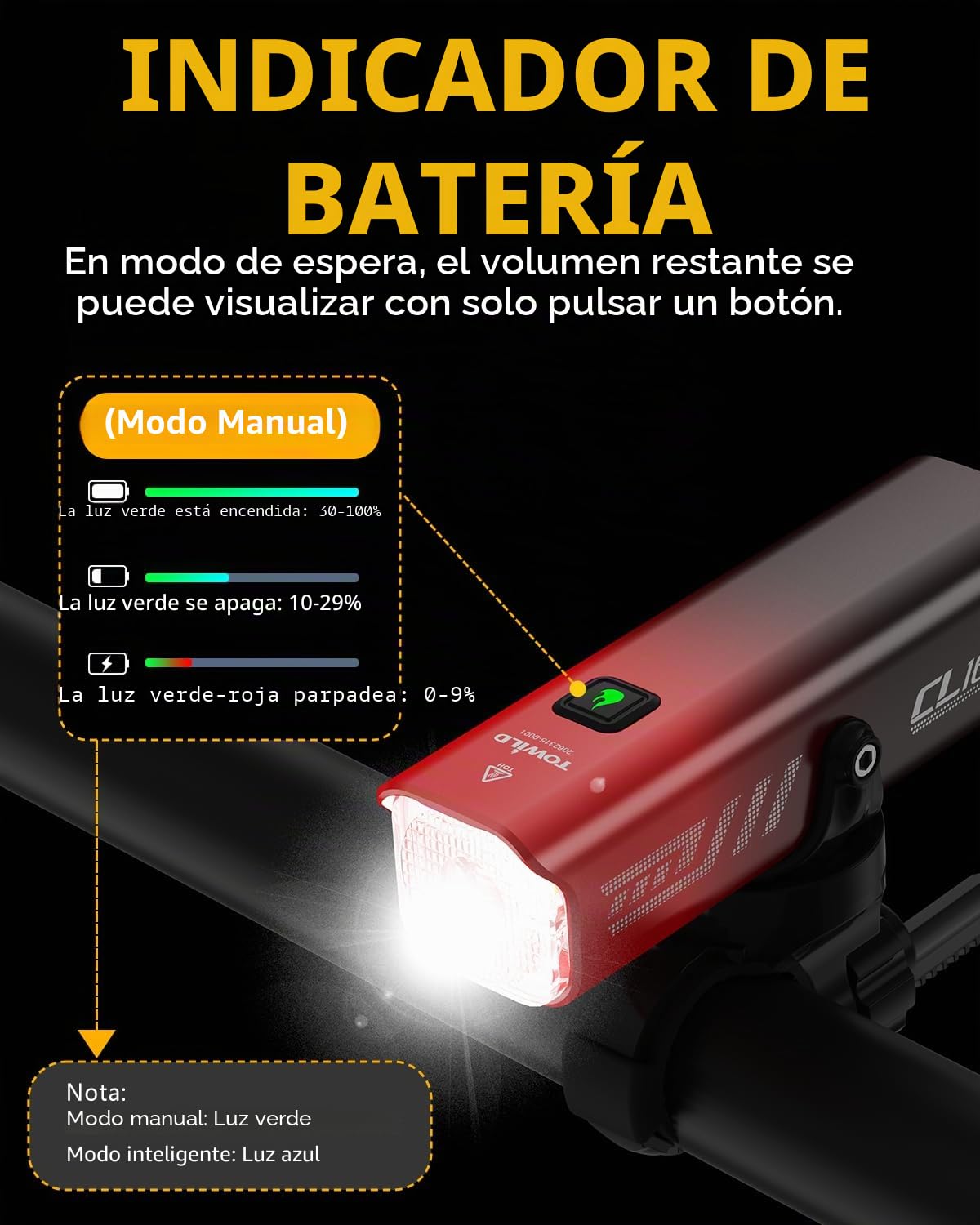 TOWILD CL1600 Luz Bicicleta Inteligentes, 1600 Lumen 5000mAh Luces Delantera Tipo C Recargable Faro de Bicicleta para MTB/Bicicleta de Carretera,12 Horas de Duración,5 Modos Luz de Ciclismo