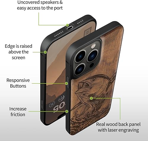 Miniatura 7 de Carveit Funda magnética de madera para iPhone 13 Pro madera natural y TPU suave negro Funda protectora de madera única a prueba de golpes compatible