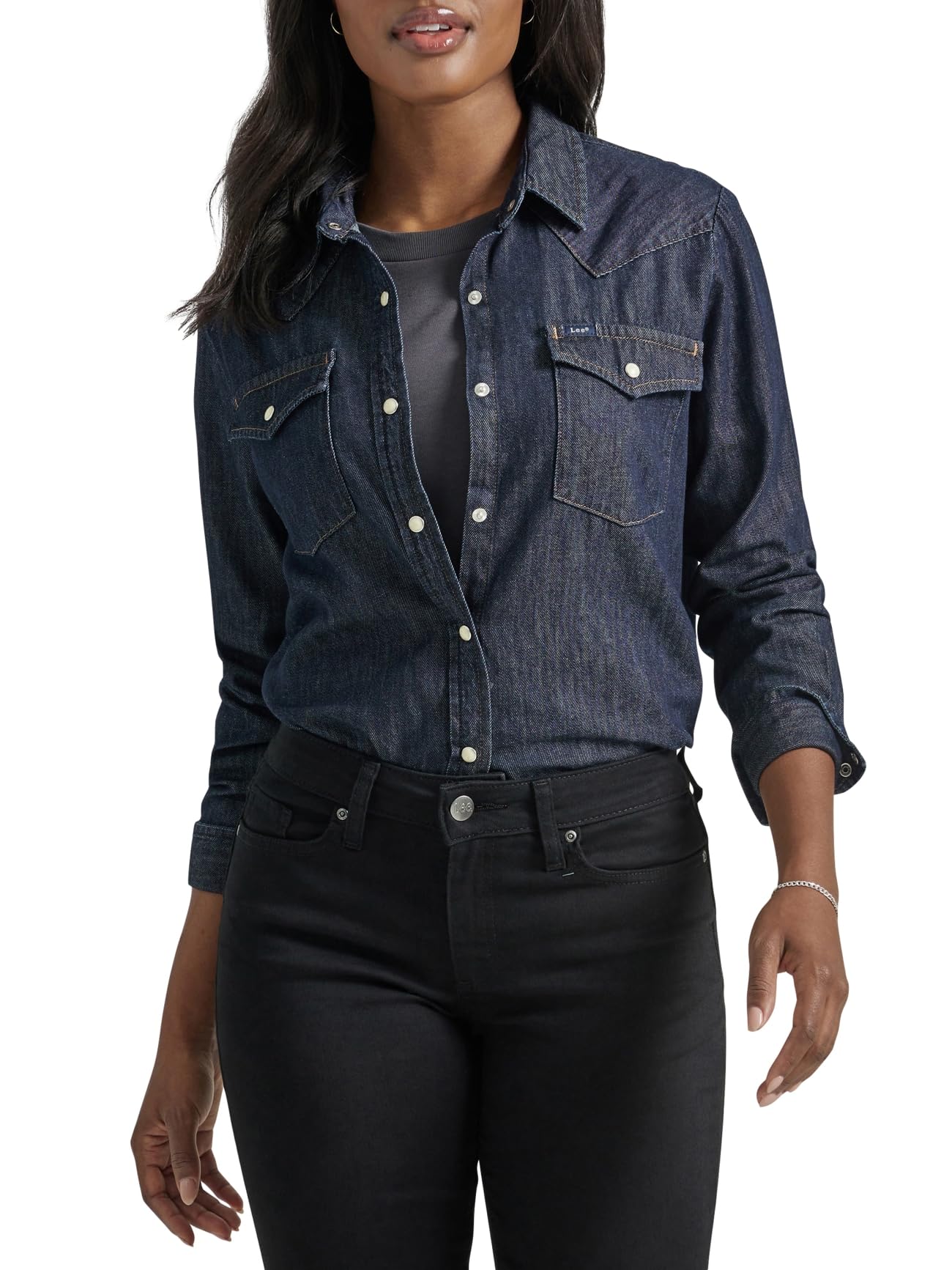 Lee Women's Obsidian Night - Dark Blue Legendary Slim Fit Western Snap Shirt, X-Large