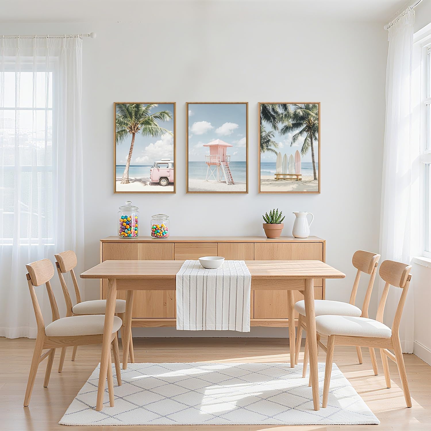 TOARTi Pastell Rosa Palme Leinwanddrucke Tropische Surfbrett Sommer Dekor Gerahmte Strand Wandbilder 3er Set Modern Tropische Wanddekoration mit Bulli für Wohnzimmer Schlafzimmer Badezimmer 30x40CM