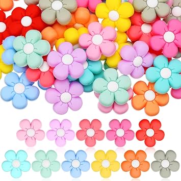 XunYee 44 Pcs Colorful Flower Silicone Beads Cute Flower Flat Spacer Beads for Jewelry Making Bulk Adults DIY Bracelets Necklaces Earrings Anklets Keychains Crafts Supplies