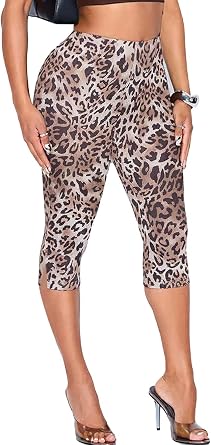 TZLDN Women's Capri Leggings 3/4 Leggings Leopard Knee-Length Leggings Leo Three-Quarter Trousers Sexy Festival Techno Rave