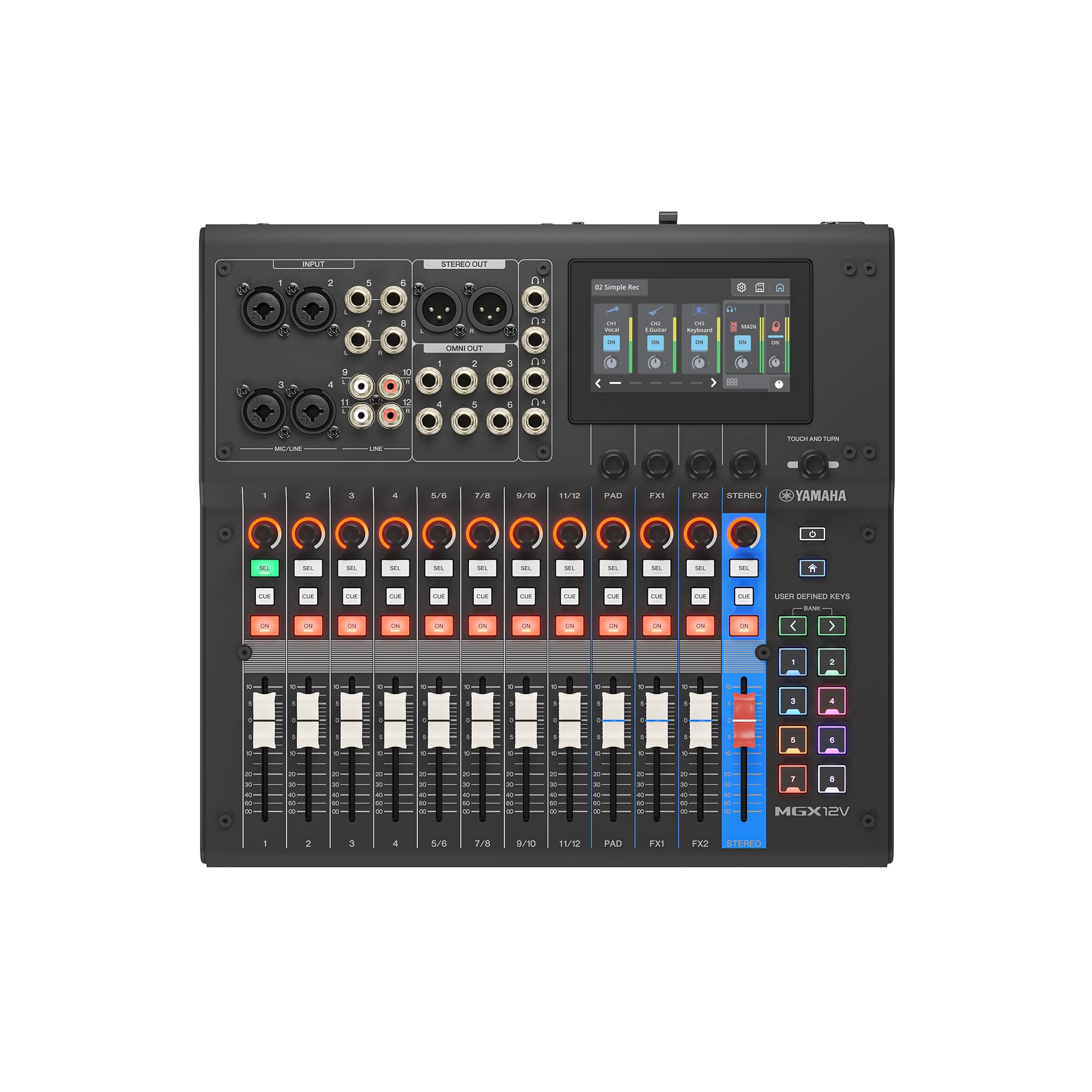 YAMAHA MGX12V Mixer Audio e Video con LCD Touch, HDMI USB, Nero | Mixer AV Compatto con Acquisizione HDMI-USB, Bluetooth, Doppia USB e Registrazione microSD