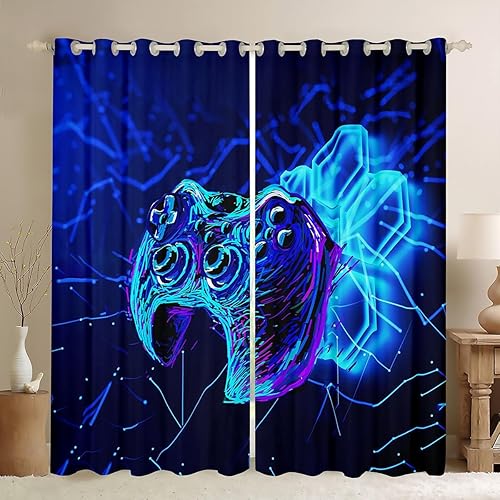 Cortina de videojuegos para dormitorio de niños, niñas, adolescentes, decoración de habitación de videojuegos, color azul, control de juegos,