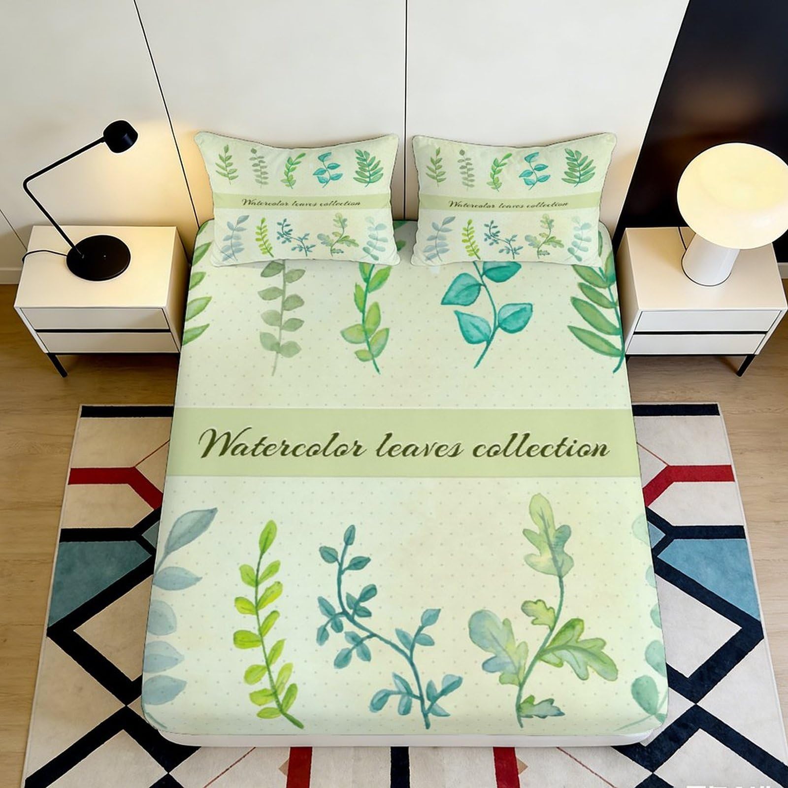 3D Printed Watercolor Leaves Fitted Sheet Microfiber Soft Breathable Botanical Bed Cover for Bedroom Dormitory Guest Room Mattress Protection 140x200x25cm