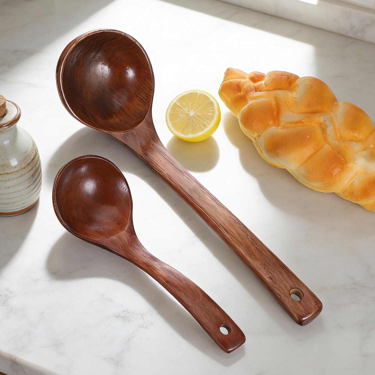 2 Pcs Wooden Soup Spoon for Cooking, Teak Wooden Serving Spoon