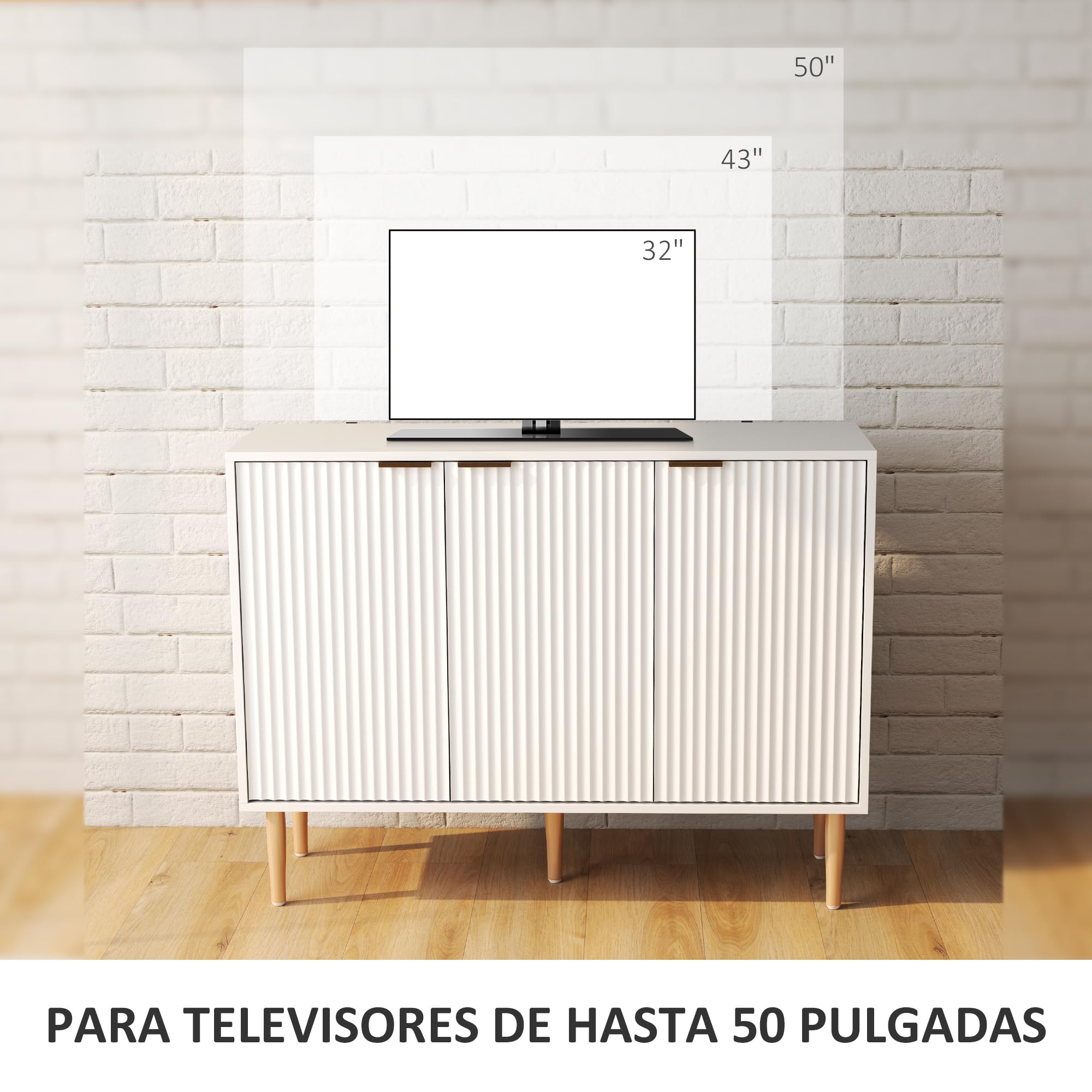HOMCOM Aparador de 3 Puertas Acanaladas de Salón 107x35x80 cm Blanco | Estante Ajustable, Mueble para TV, Dormitorio, Sala de Estar
