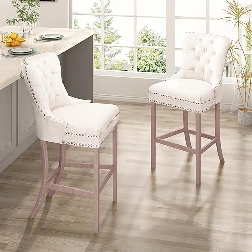 Miniatura 4 de Recaceik Juego de 2 taburetes de bar de terciopelo con altura de mostrador, taburetes de bar tapizados con respaldo, taburete de cocina de 27