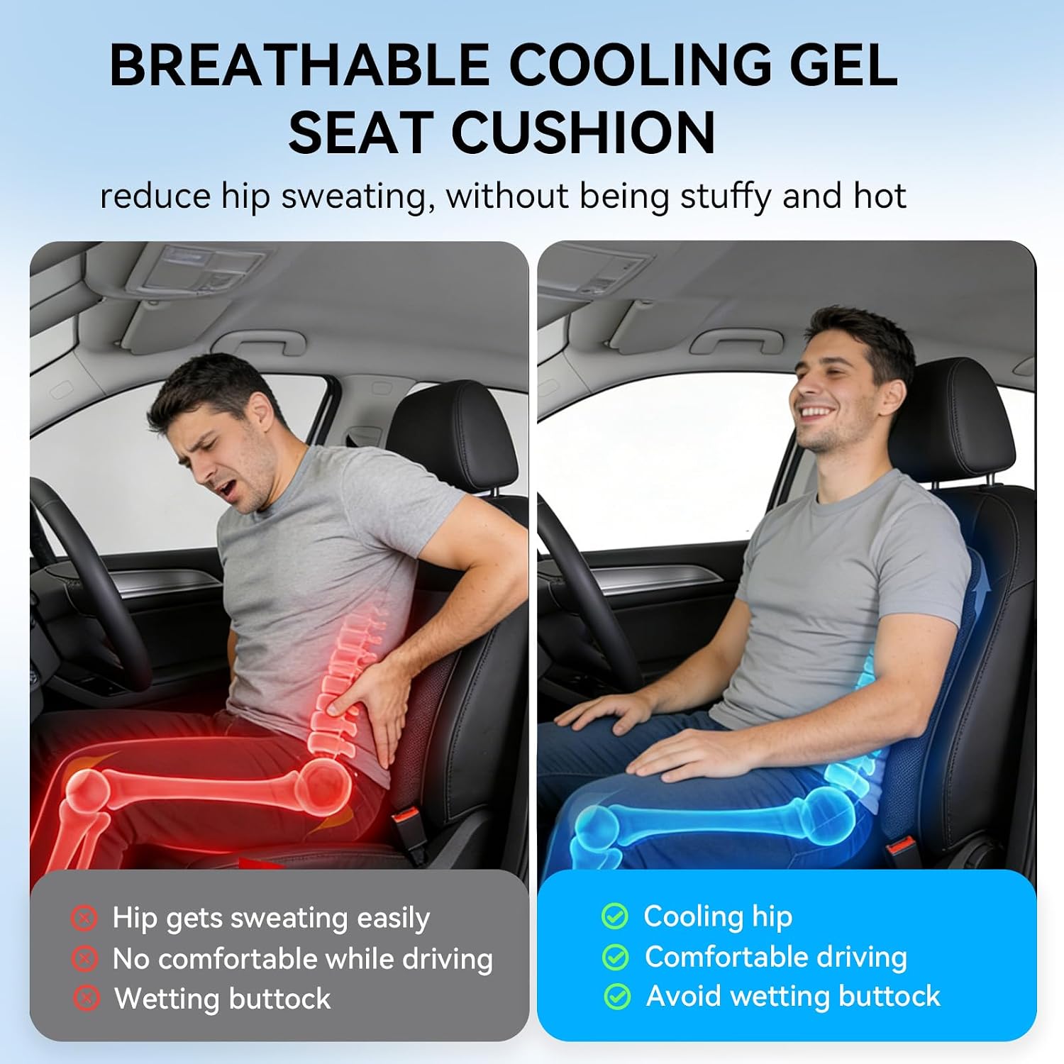 vokoroad Car Gel Seat Cushion for Comfortable & Safe Driving, Breathable Honeycomb Gel Cushion Cooling Front Cushion Pad for Driver, Anti-Slip Chair Cushions for Vehicle, Driver, Home, Office