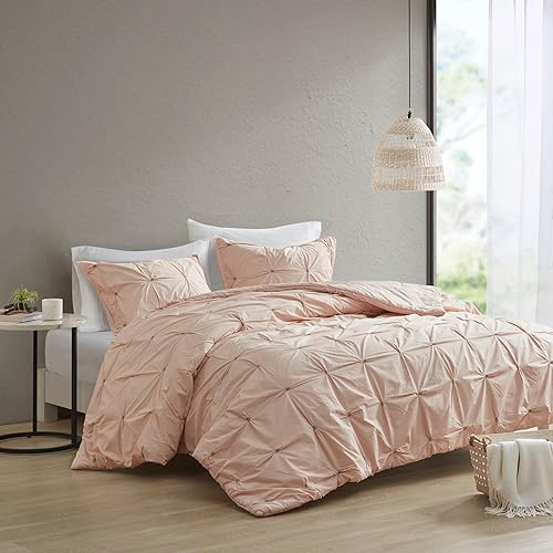 INK+IVY Masie Funda de edredón ligera color rosa pálido para cama matrimonial o queen 3 piezas, 100% algodón percal bordado elástico volantes