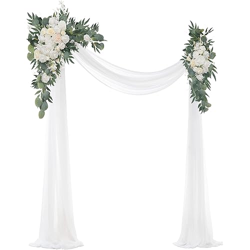Floroom Arch Flowers with Drapes Kit (Pack of 4) - 2pcs Artificial Ivory & White Floral Swag Arrangement with 2pcs Draping Fabric for Wedding Ceremony Arbor and Reception Backdrop Decoration