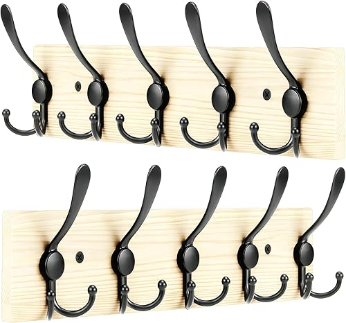 Perchero de madera resistente para pared, paquete de 2 perchas de pared con 5 ganchos triples para ropa, chaqueta, sombrero, llaves, organizador de