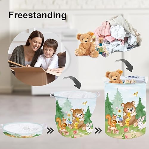 Miniatura 3 de Clastyle Cesta redonda de 45 L para guardería de animales del bosque, oso conejo, cesta de ropa sucia para dormitorio, contenedor redondo de abeto