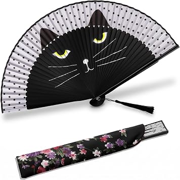 8.27"21cm Hand Held Bamboo Silk Folding Fan, Chinese/Japanese Charming Elegant Vintage Retro Style, Women Ladies Girls for Birthday, Wedding, Party, Dancing, Stage Performance Black Cat