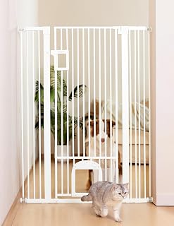 NoPawblems 55" Extra Tall Pet Gate with Adjustable Cat Door, Auto-Close Dog Gate, Pressure Mounted 29-43", 1.37" Narrow Bars, White