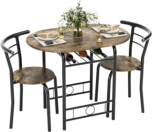 Miniatura 10 de Flamaker Mesa de comedor para 2, juego de mesa redonda y sillas de 3 piezas, mesa de cocina pequeña para desayuno, mesa de grano de madera y estante