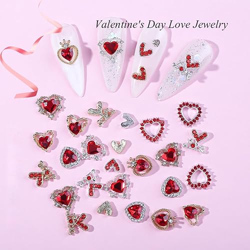Miniatura 6 de Dijes de uñas para el día de San Valentín, 22 piezas de dijes de aleación de corazón para uñas, gemas rojas para uñas, accesorios brillantes de San
