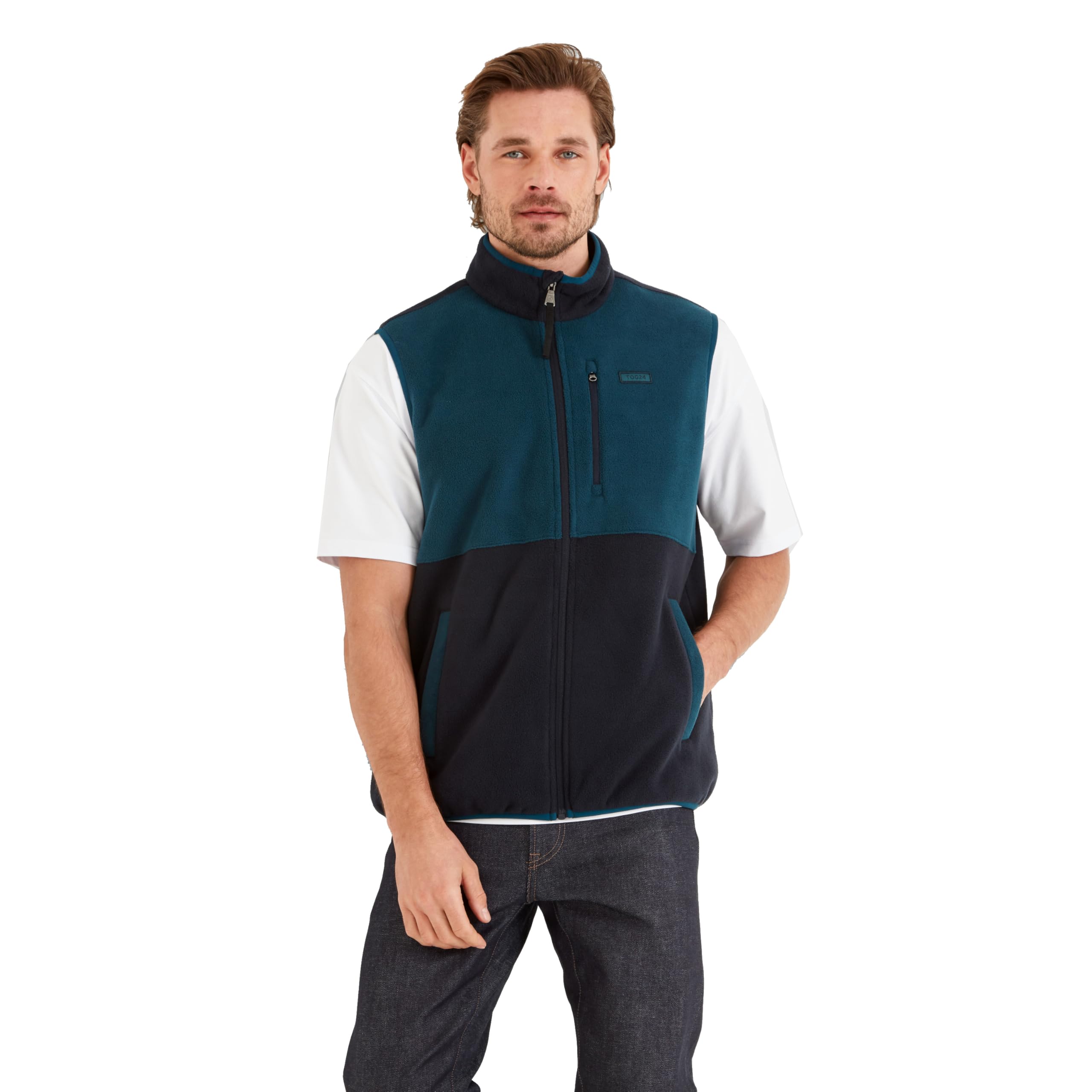 TOG24 Pensford Men's Microfleece Gilet Bodywarmer, Lightweight & Warm, Anti-Pill Finish, Zip Opening, Colourblock Design, 3x Pockets