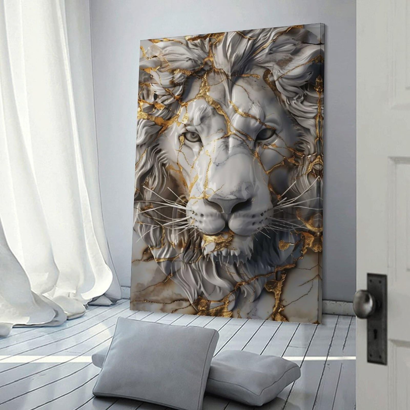 Junmoney Wall Decor Canvas Print Kintsugi Art White Lion, 20x30inch(50x75cm), for Study, Office Or Apartment Decor, Canvas Artwork with Gifting Potential