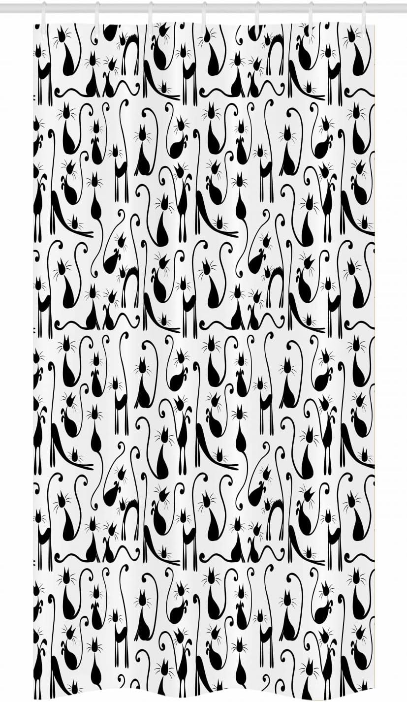 Ambesonne Cat Lover Stall Shower Curtain, Large Number of Cats Posing Female High Fashion Contour Illustration, Fabric Bathroom Decor Set with Hooks, 36" W x 72" L, White Black