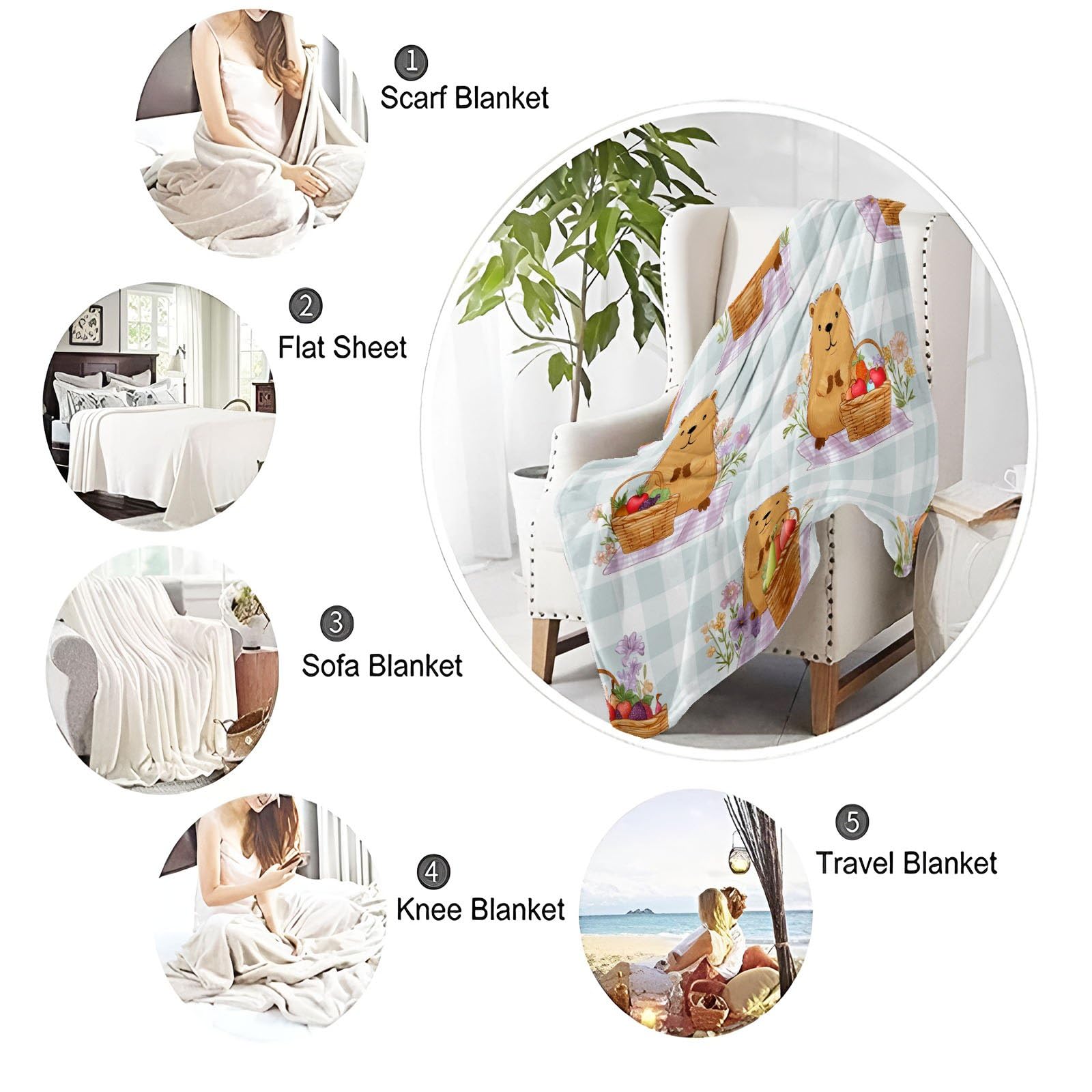 Ländlich Rustikal Kuscheldecke Capivara Picknickkorb Karo Decke Tagesdecke Wohndecke Grün, Couchdecke Weich Warm Flauschig, Sofa Decke für Reisen Zelten Outdoor, 150 x 200 cm