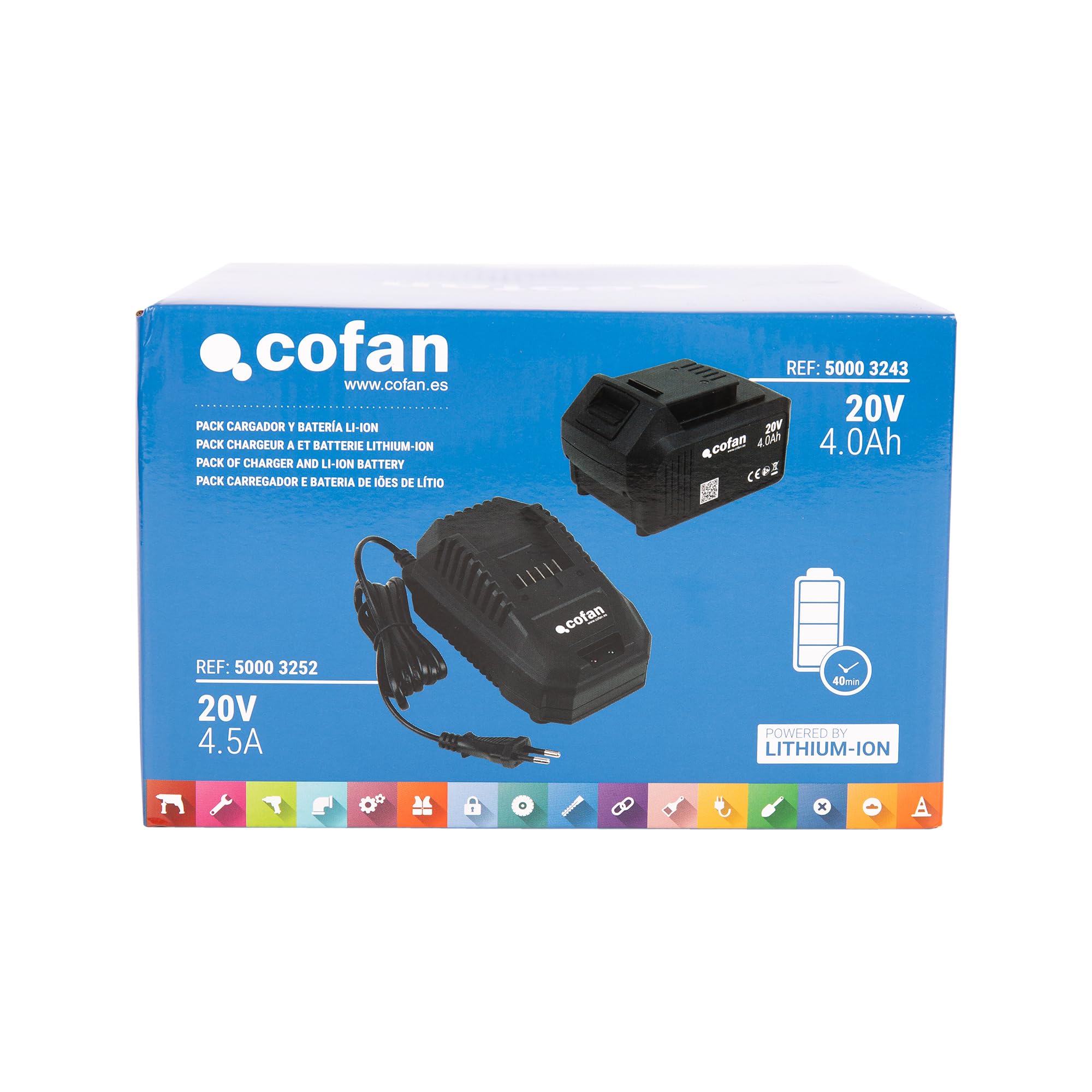 Cofan Pack de Cargador 20 V 4.5 A + batería 20 V 4.0 Ah Li-Ion | Sistema 1 for All | Protección Avanzada | Carga Segura