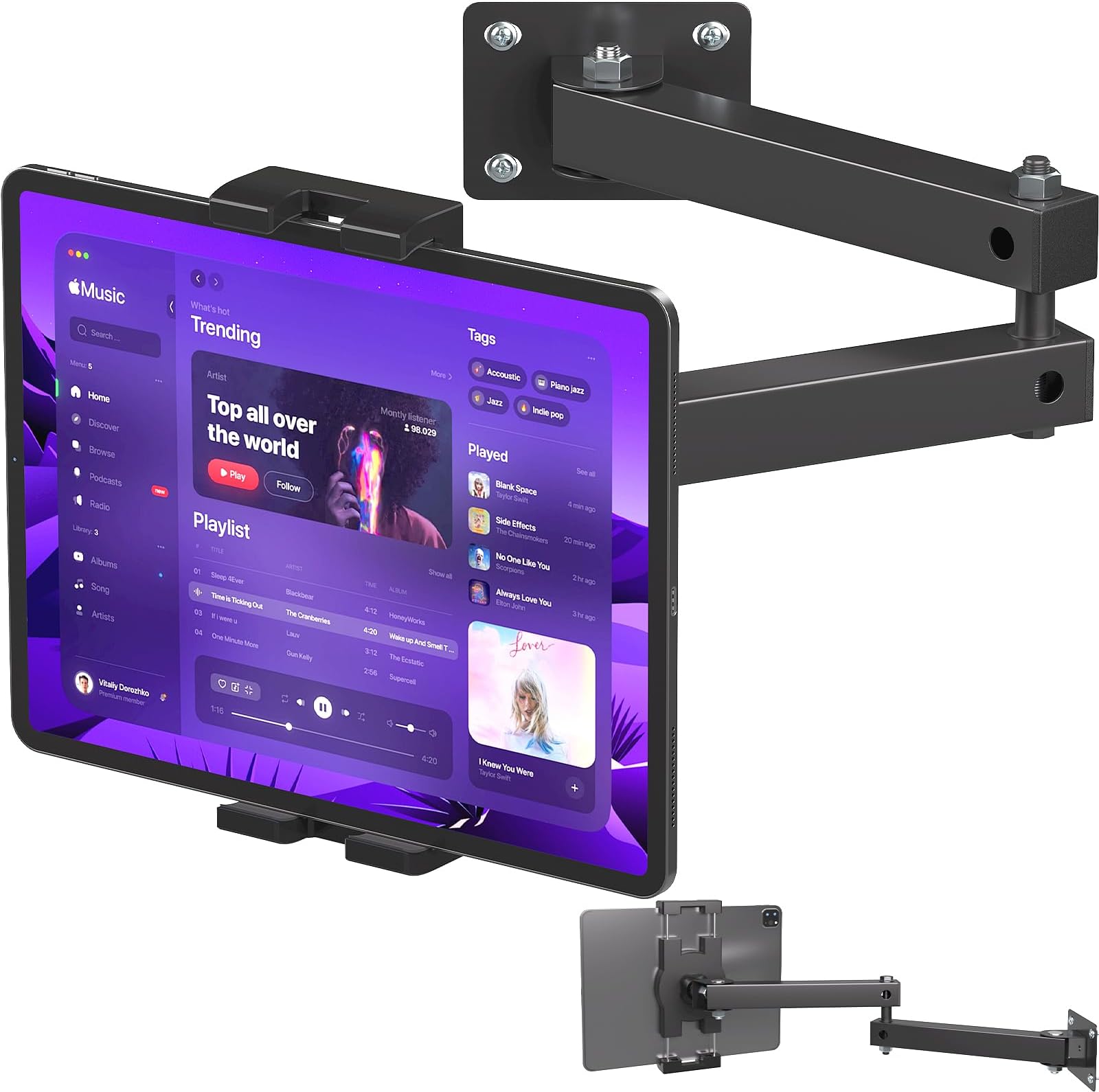 Mippko Foldable Wall Mount iPad Holder Tablet Mount Stand,360° Adjustable Tablet Holder,2-Stage Extendable Articulating Aluminum Alloy Arm,Compatible with 4.7~12.9" iPad/Nexus/e-Reader/Switch/iPhone