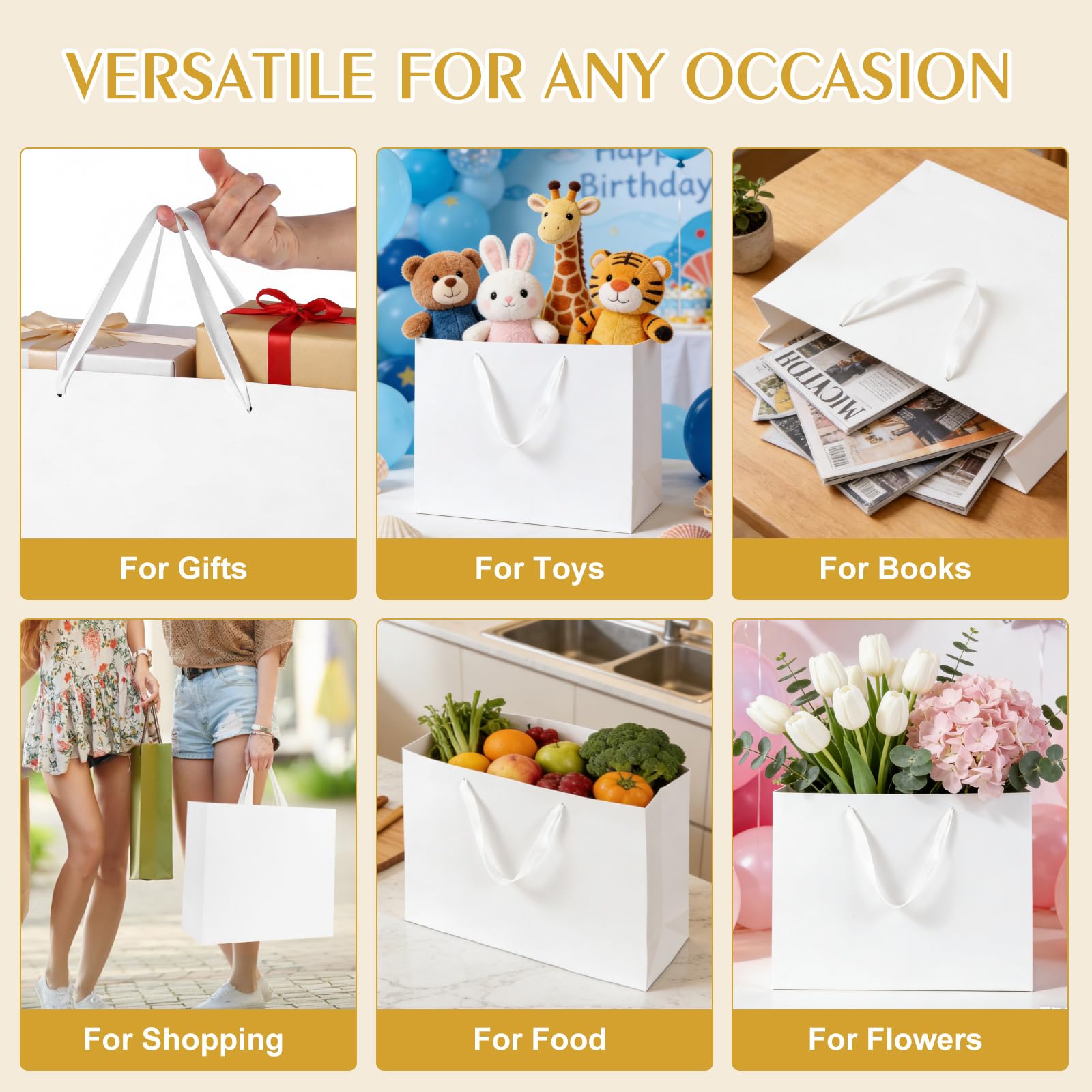 Ethhqu 3 Pack Extra Large White Gift Bags with Handles, 16x6x12 Inches - Includes 6 Tissue Papers for Birthday, Wedding, Shopping Business, Thanksgiving, Christmas&Holiday (White Extra Large-3 Pcs)