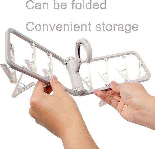 Miniatura 5 de Percheros de secado de ropa, paquete de 2 perchas pequeñas plegables portátiles de color gris con 12 clips, gancho giratorio de 360 para calcetines,