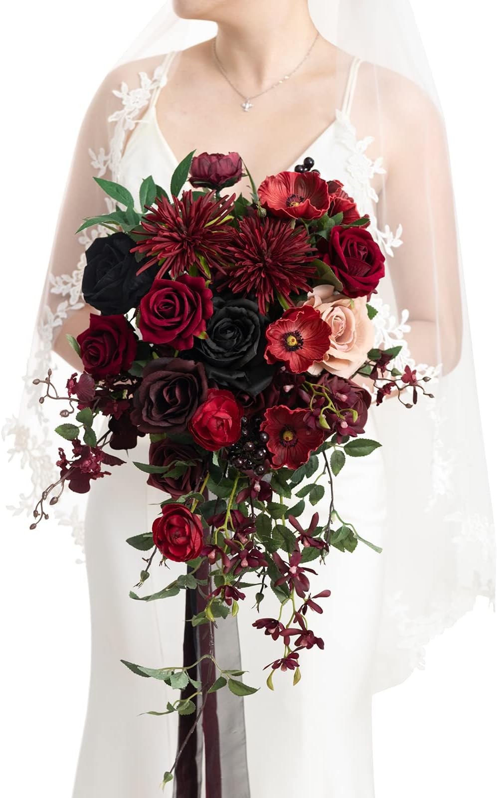 Ling's Moment 15 Inch Burgundy & Black Artificial Bridal Bouquet, for Wedding Ceremony and Anniversary