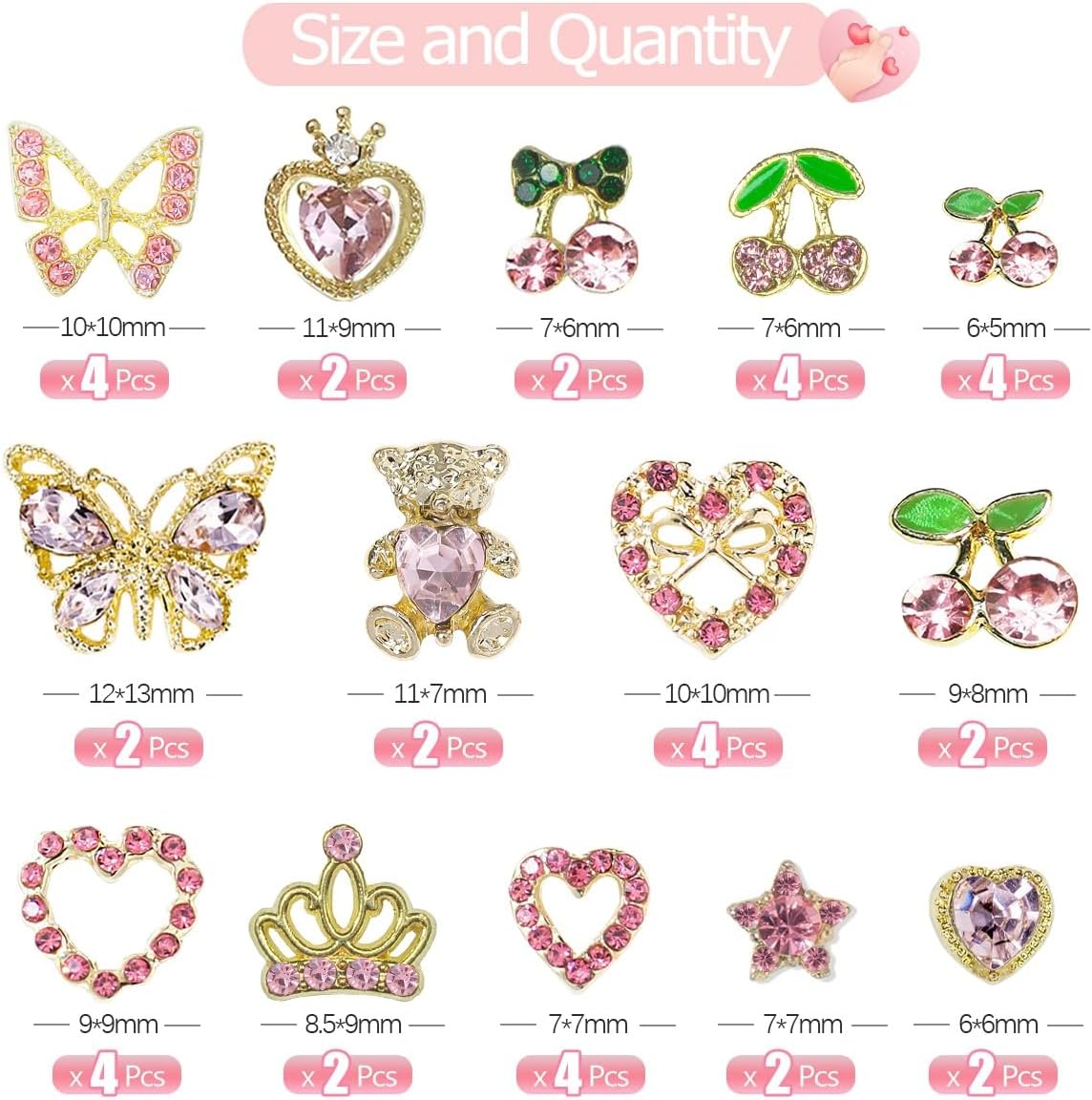 40Pcs Pink Nail Charms 3D Butterflies Bear Heart Cherry Star Big Nail Rhinestones Gems Cute Crystals Diamonds Y2K Alloy Nail Art Supplies Decor for Acrylic Nails Face Makeup DIY Crafts Jewelry - Image 3