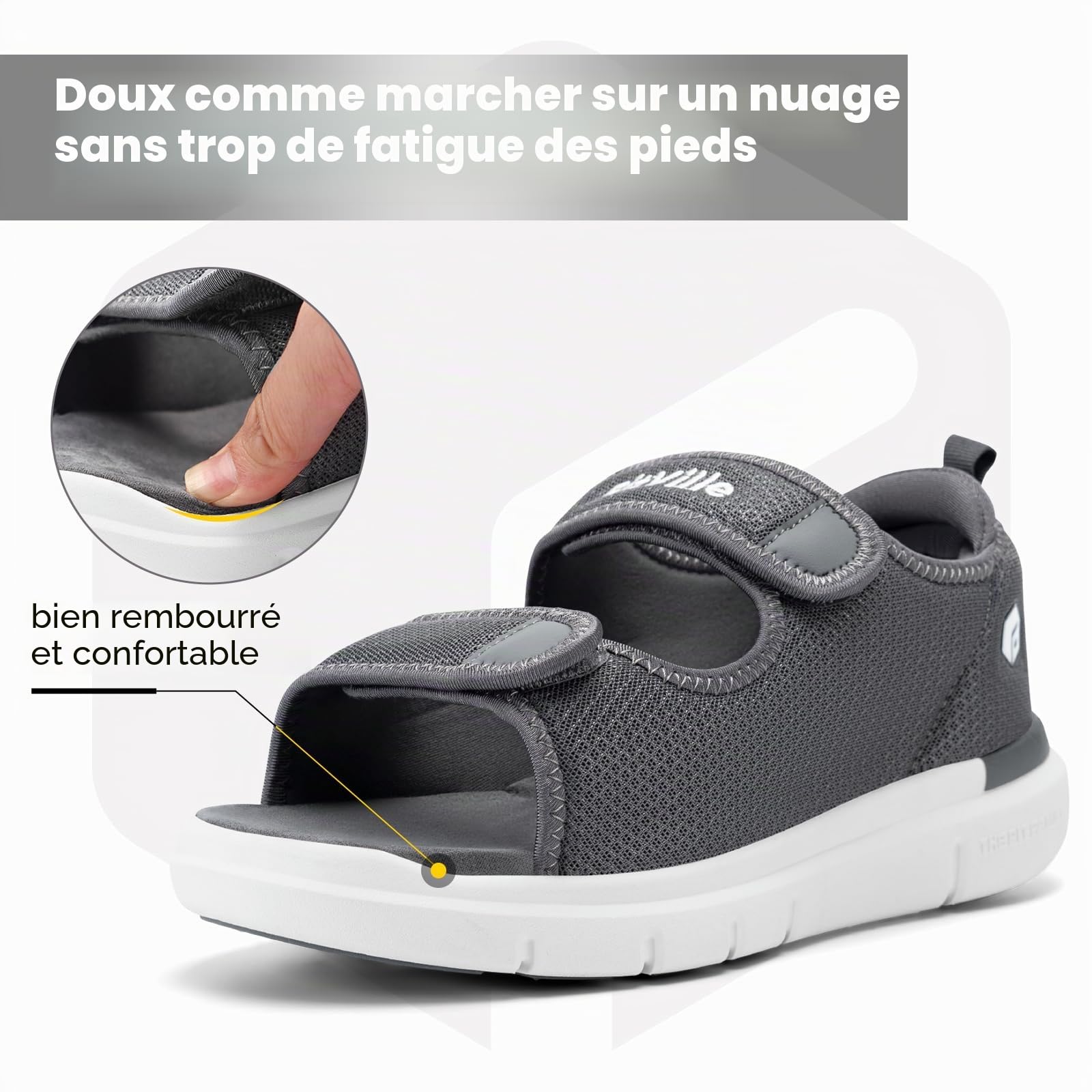FitVille Sandales Diabétiques Hommes Large Ouverture Chaussures Orthopédique Scratch Sandales Rééducation pour Pieds Gonflés