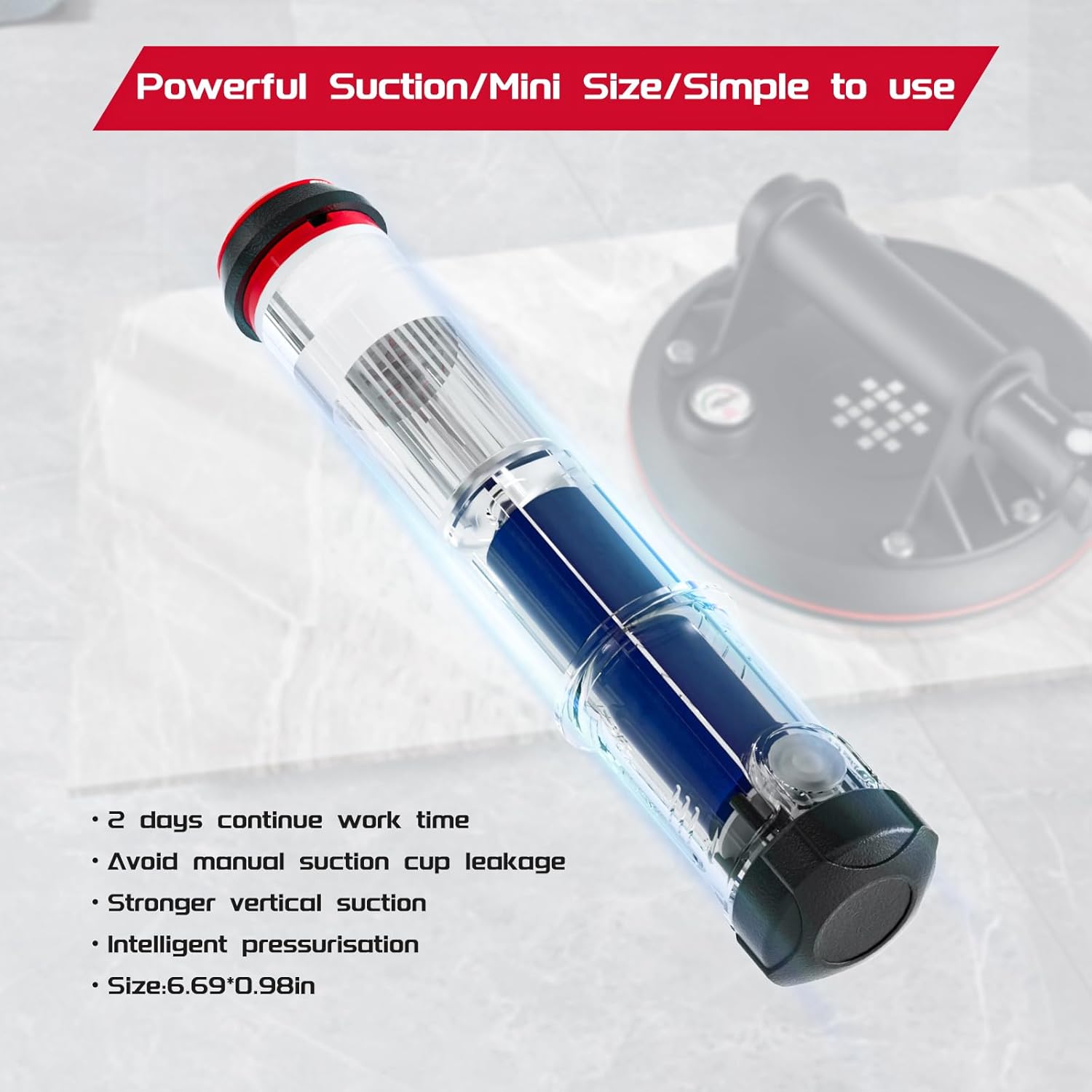 Four-step operation guide for the manual suction cup: 1. Place on object. 2. Press hand pump. 3. Press pump body until red line is exceeded. 4. Press release valve.