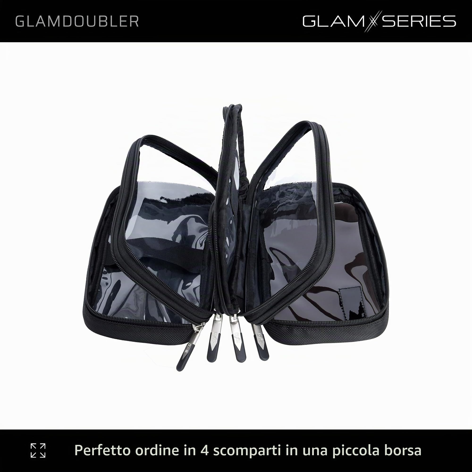 GlamDoubler borsa per trucco 230 x 120 x 100 mm, beauty case per trucchi con 4 scomparti trasparenti