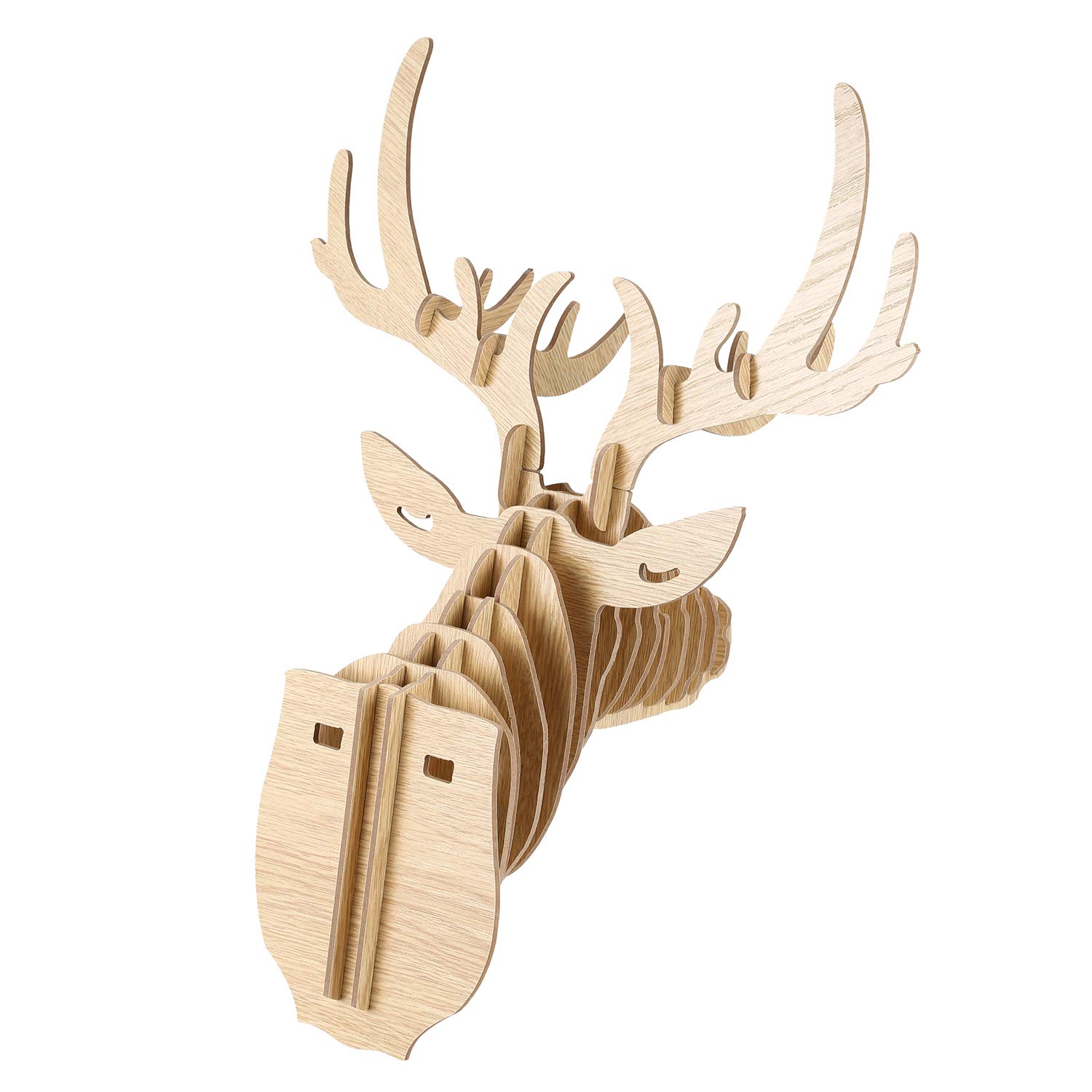Lobamop Tête de cerf en bois sculptée 3D - Décorative et collier - Beige