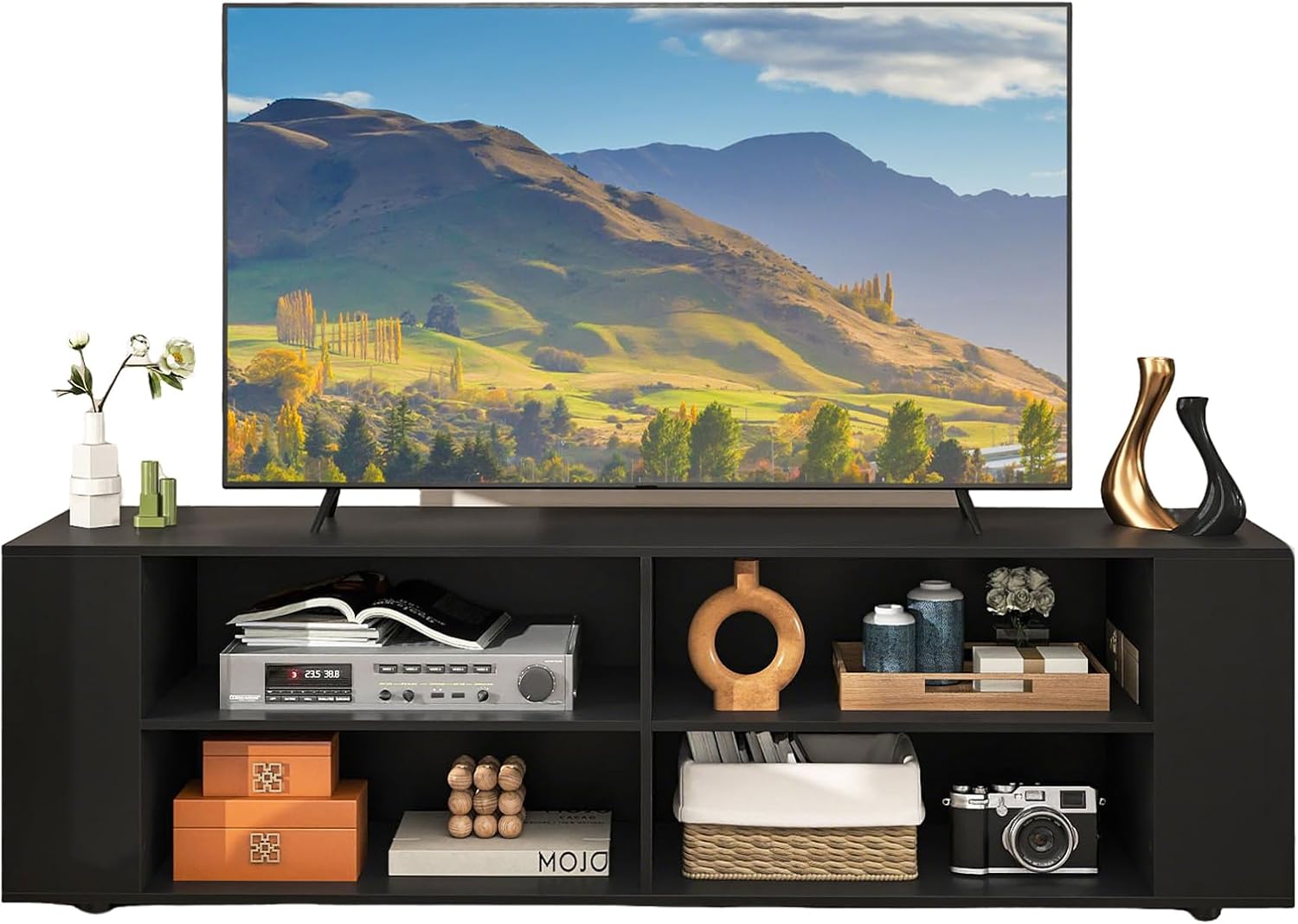 DORTALA 3-Tier Wood TV Stand, Modern Wide TV Entertainment Center w/ 8 Open Adjustable Shelf, Mid-Century TV Console Table for Living Room, Suitable for TVs up to 65-Inch, Black