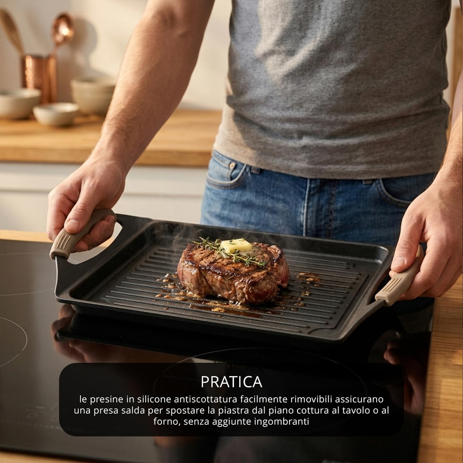 KASANOVA Piastra antiaderente 45x27 cm manici in silicone
