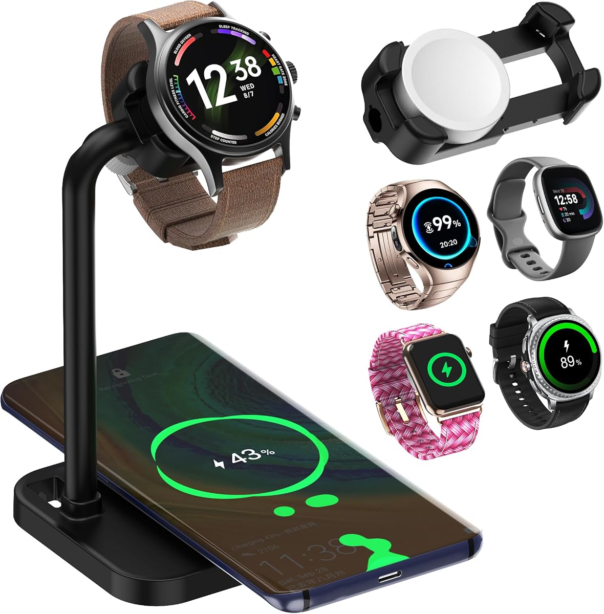 2 in 1 Universal Wireless Charging Dock with Adjustable Smartwatch Stand, Compatible with Samsung/Google/Pixel/Fossil/Fitbit/Garmin/Huawei/AMAZTIM/Amazfit/Suunto/xiaomi(2SW-B)