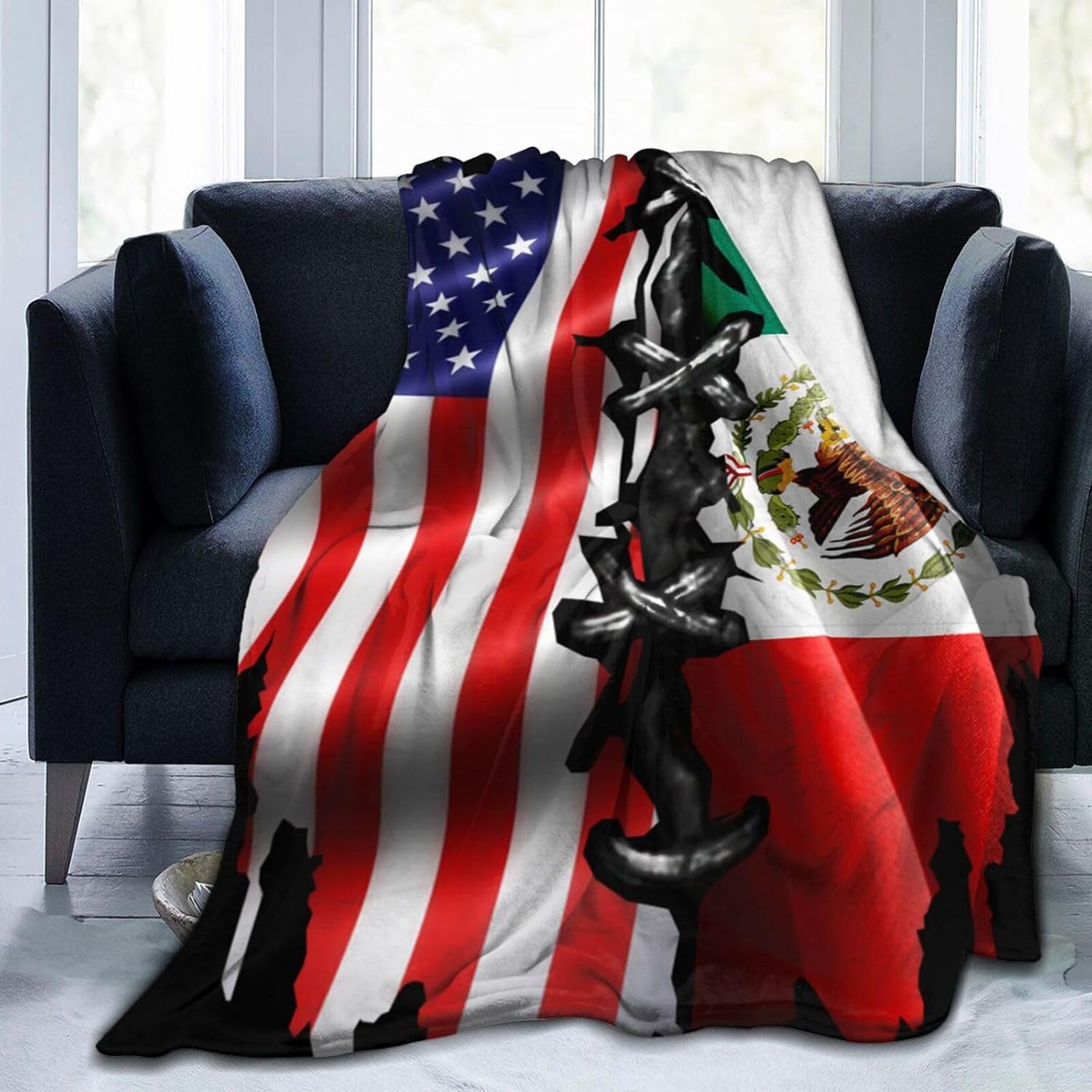 USA America Mexico Mexican Flag Theme Throw Blanket, Cozy Flannel Fleece Winter Blankets for Bed Sofa and Couch60 x50