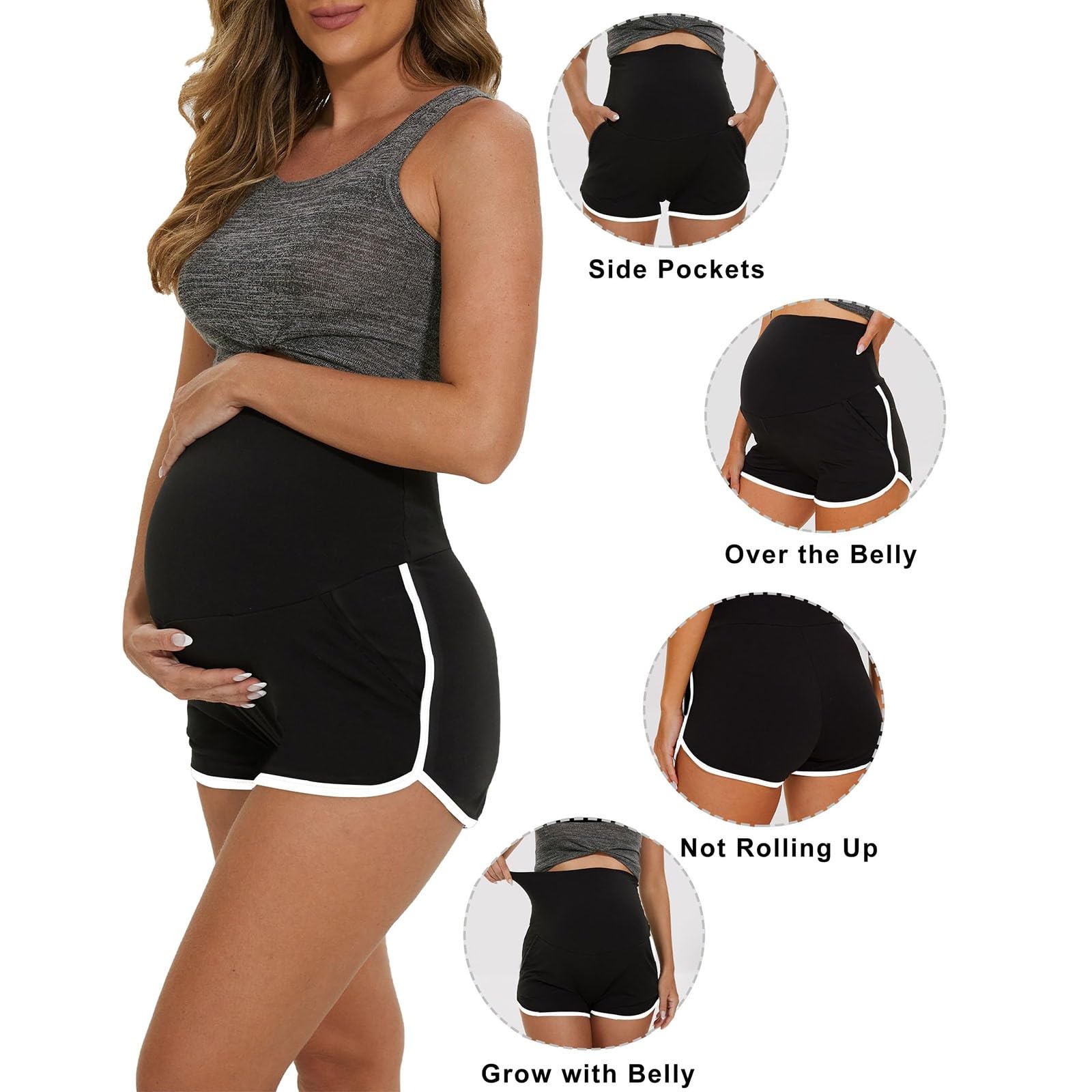 Generisch 2025 - Short de grossesse au-dessus du ventre avec poches - Short de grossesse avant pendant la grossesse - Short d'été court pour femme