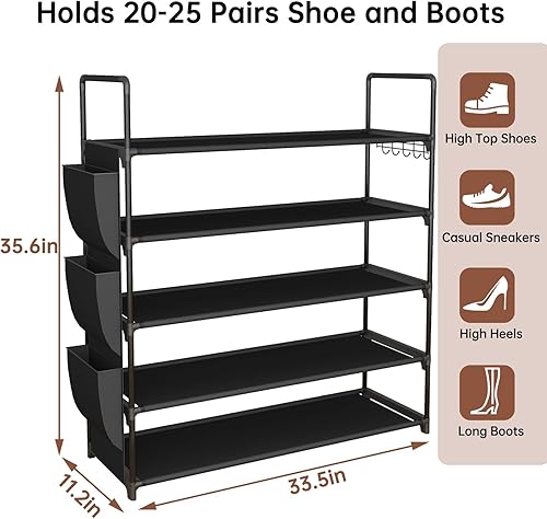 Miniatura 3 de Zapatero independiente de 5 niveles, organizador de zapatos que ahorra espacio con bolsillos laterales y ganchos de metal, zapatero ajustable para