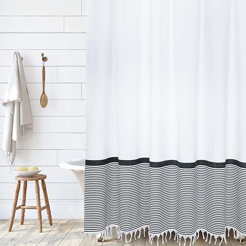 HALL & PERRY Cortina de ducha moderna con borlas de estilo rústico, cortina de ducha de tela a rayas con borlas 100% algodón para decoración de baño