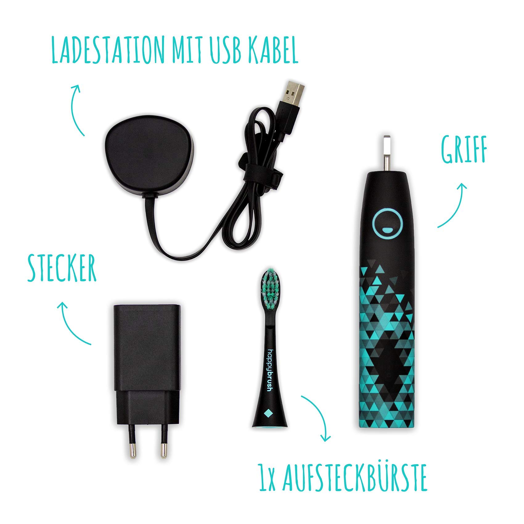 happybrush® Elektrische Schallzahnbürste | Elektrische Zahnbürste Schall VIBE 3 Schwarz mit Aufsteckbürste (-)
