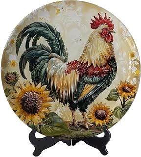 Farmhouse Sunflower Rooster Decorative Plate Ornament Display Plate Abstract Paint Seamless Design With Display Stand For Home Parties Wedding Collection Decor Porcelain Plates - 10 Inches