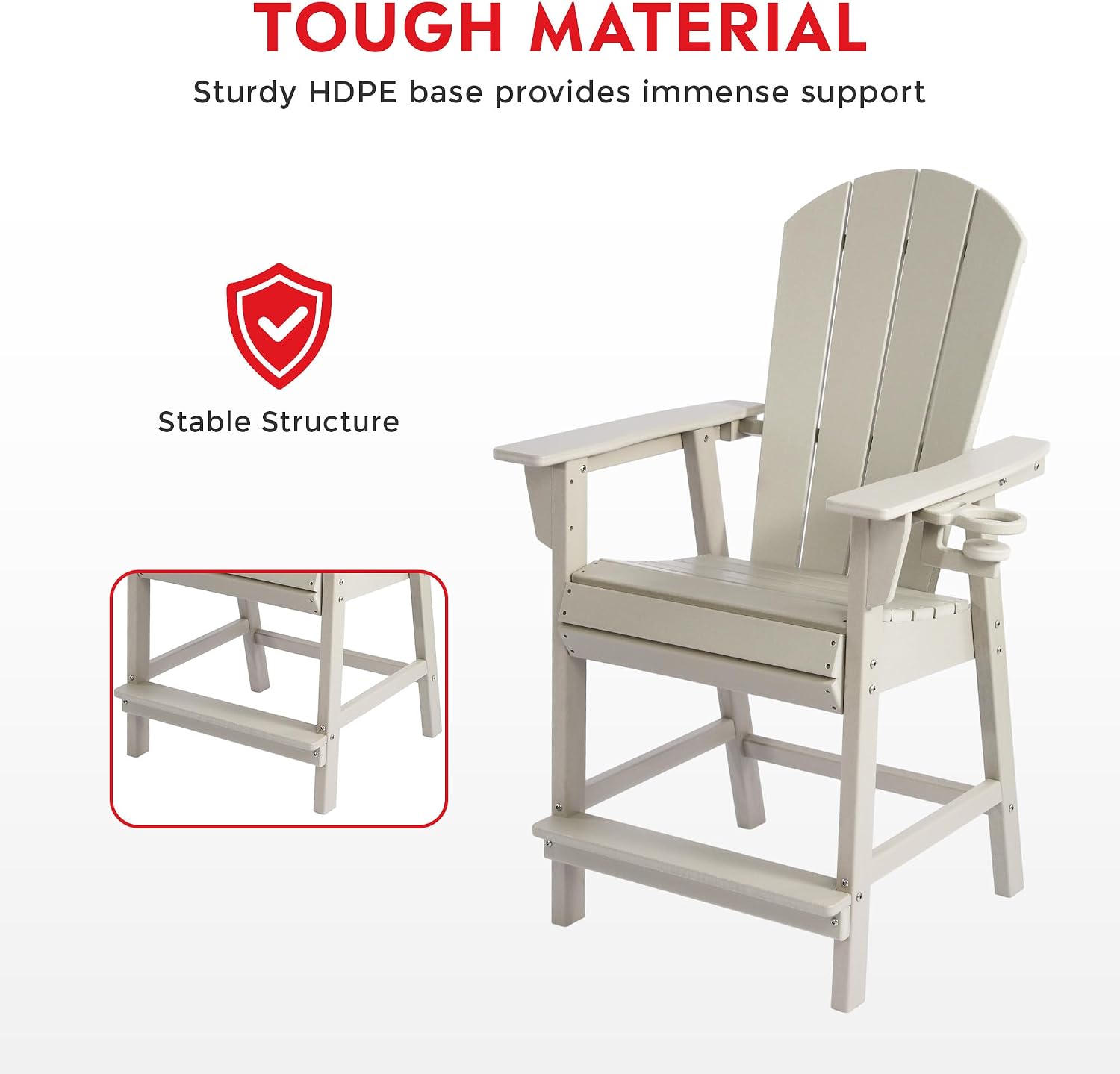 Paradise Outdoor HDPE High Back Adirondack Counter Height Bar Chair with Cup Holder, Sand image 7