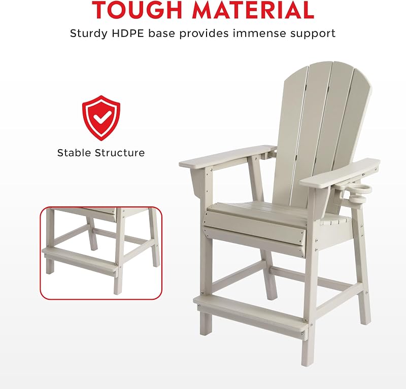 Costaelm Paradise Outdoor HDPE High Back Adirondack Counter Height Bar Chair with Cup Holder, Sand image 7